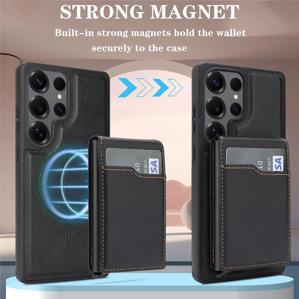 For Samsung Galaxy S26 Ultra Magnetic Cover Kickstand Leather Back Phone Shell with Detachable Pop-Up Card Case - Black - 6