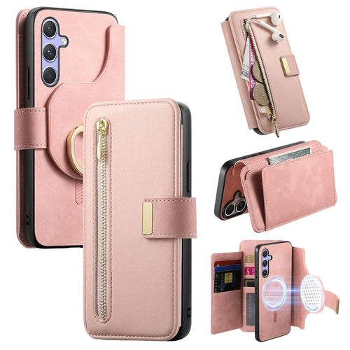 For Samsung Galaxy A18 5G / A18 4G / A17 5G / A17 4G Magnetic Leather Case with Detachable RFID Blocking Zipper Wallet Cover - Pink - 1