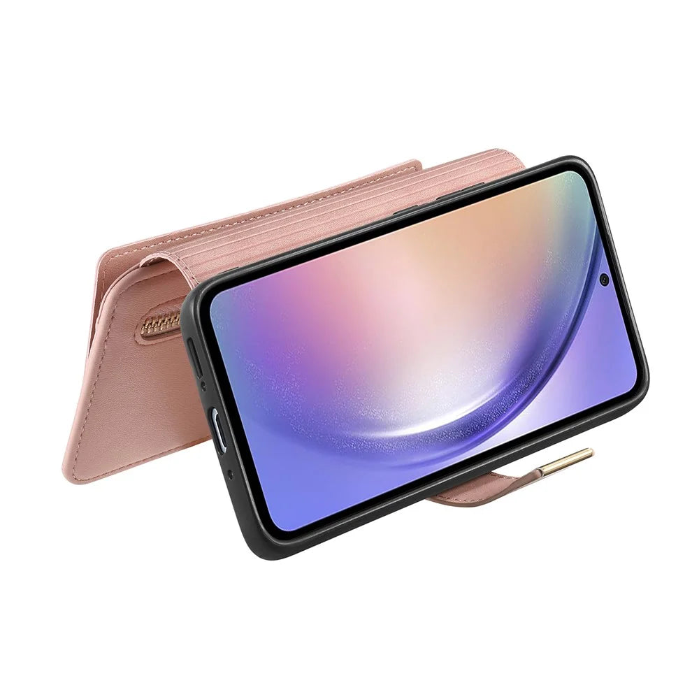 For Samsung Galaxy A18 5G / A18 4G / A17 5G / A17 4G Magnetic Leather Case with Detachable RFID Blocking Zipper Wallet Cover - Pink - 3