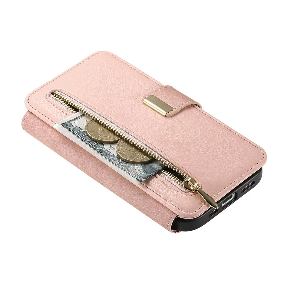 For Samsung Galaxy A18 5G / A18 4G / A17 5G / A17 4G Magnetic Leather Case with Detachable RFID Blocking Zipper Wallet Cover - Pink - 5