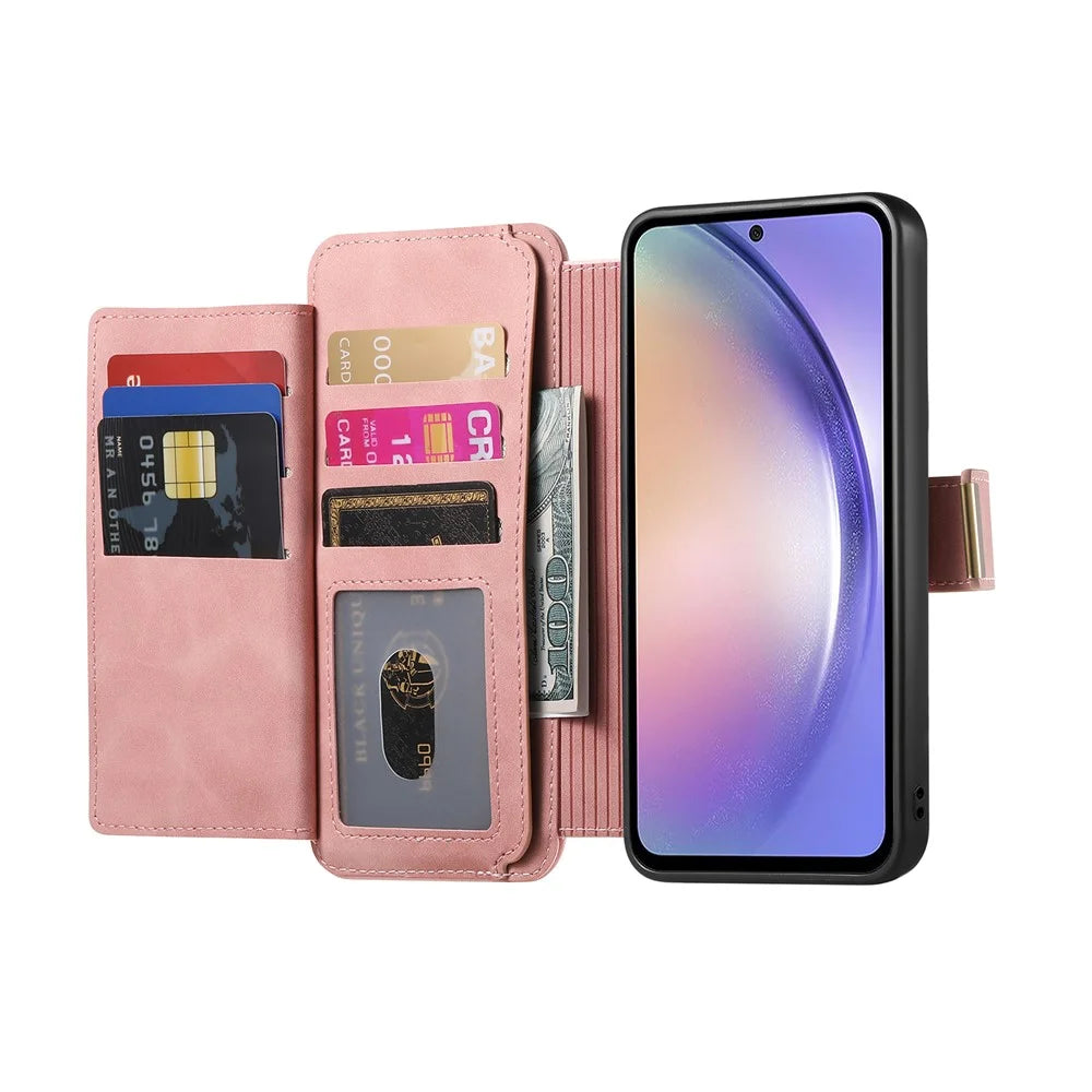For Samsung Galaxy A18 5G / A18 4G / A17 5G / A17 4G Magnetic Leather Case with Detachable RFID Blocking Zipper Wallet Cover - Pink - 6