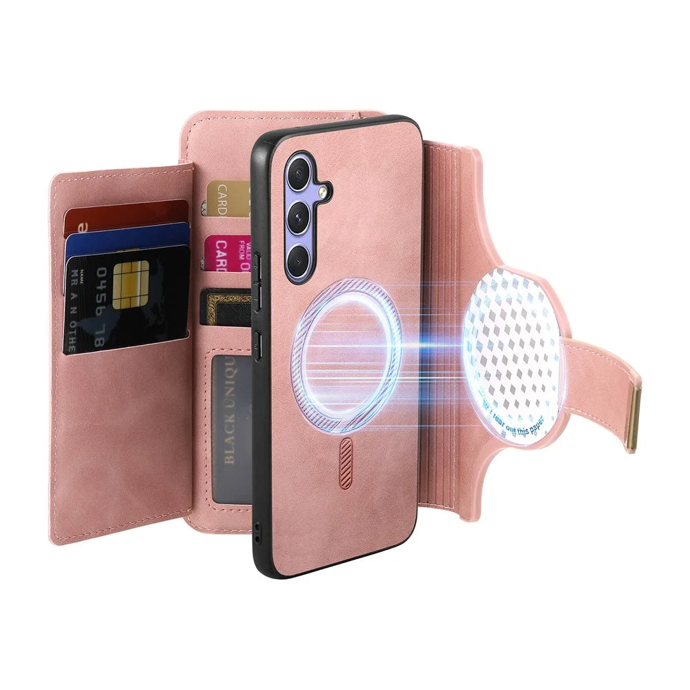 For Samsung Galaxy A18 5G / A18 4G / A17 5G / A17 4G Magnetic Leather Case with Detachable RFID Blocking Zipper Wallet Cover - Pink - 7