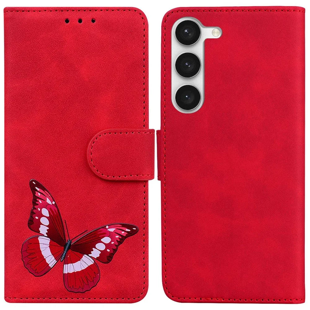 For Samsung Galaxy S23 Skin-touch PU Leather Stand Pattern Printing Anti-drop Phone Wallet Stand Cover - Red - 1