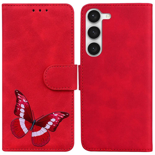For Samsung Galaxy S23 Skin-touch PU Leather Stand Pattern Printing Anti-drop Phone Wallet Stand Cover - Red - 1