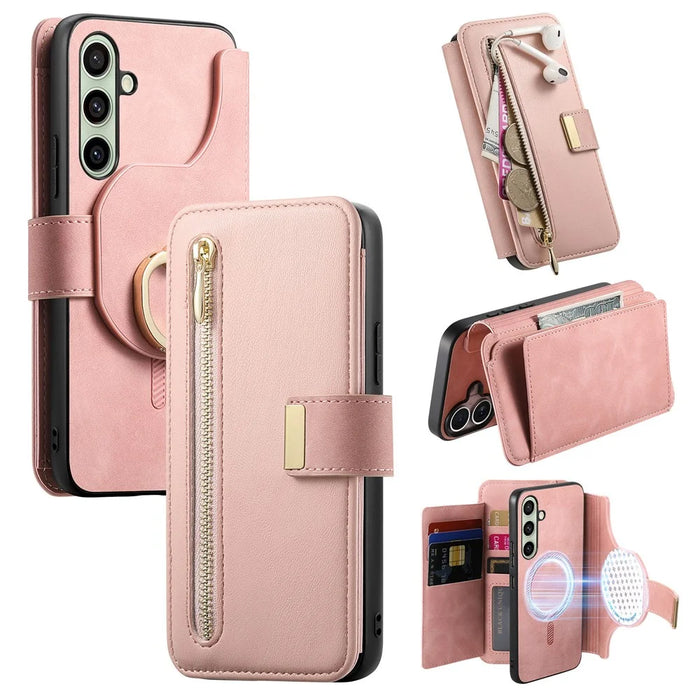 For Samsung Galaxy S25 FE Magnetic Leather Case with Detachable RFID Blocking Zipper Wallet Cover - Pink - 1