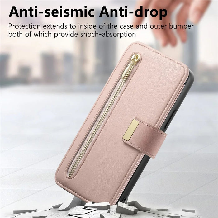 For Samsung Galaxy S25 FE Magnetic Leather Case with Detachable RFID Blocking Zipper Wallet Cover - Pink - 7