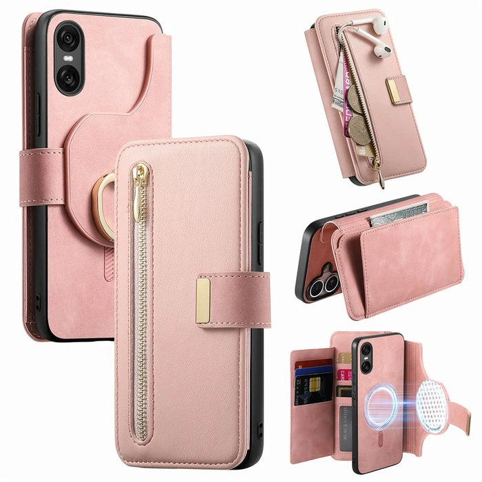 For Sony Xperia 10 VI Magnetic Leather Case with Detachable RFID Blocking Zipper Wallet Cover - Pink - 1