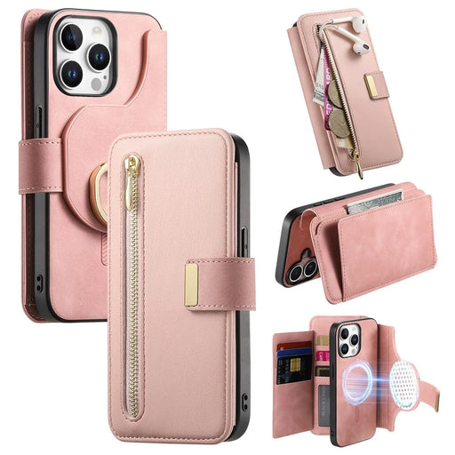 For iPhone 15 Pro Magnetic Leather Case with Detachable RFID Blocking Zipper Wallet Cover - Pink - 1