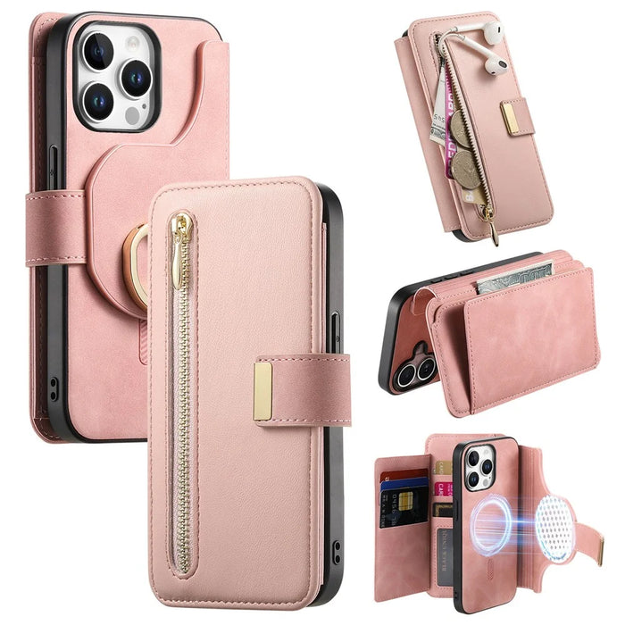 For iPhone 15 Pro Magnetic Leather Case with Detachable RFID Blocking Zipper Wallet Cover - Pink - 1