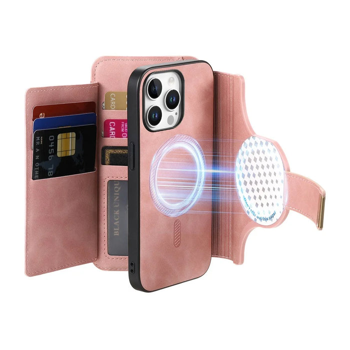 For iPhone 15 Pro Magnetic Leather Case with Detachable RFID Blocking Zipper Wallet Cover - Pink - 6