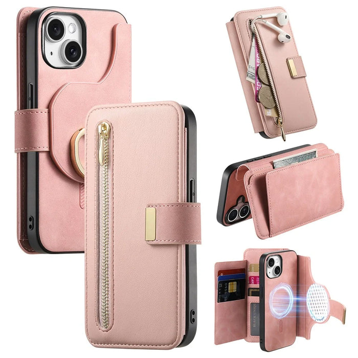 For iPhone 15 Magnetic Leather Case with Detachable RFID Blocking Zipper Wallet Cover - Pink - 1