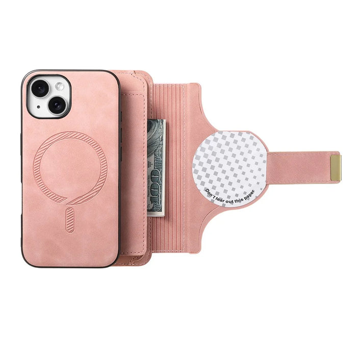 For iPhone 15 Magnetic Leather Case with Detachable RFID Blocking Zipper Wallet Cover - Pink - 2