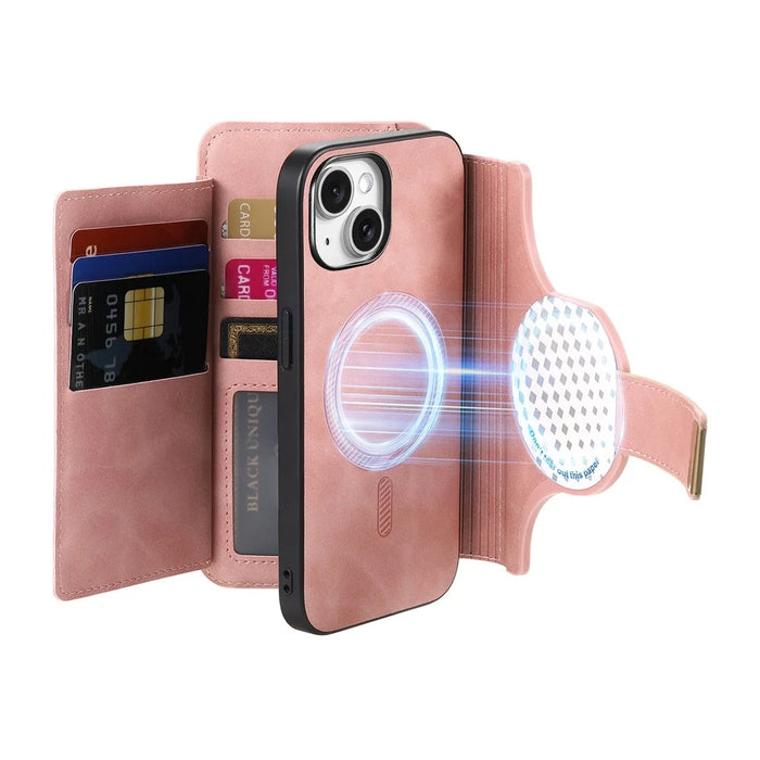 For iPhone 15 Magnetic Leather Case with Detachable RFID Blocking Zipper Wallet Cover - Pink - 6
