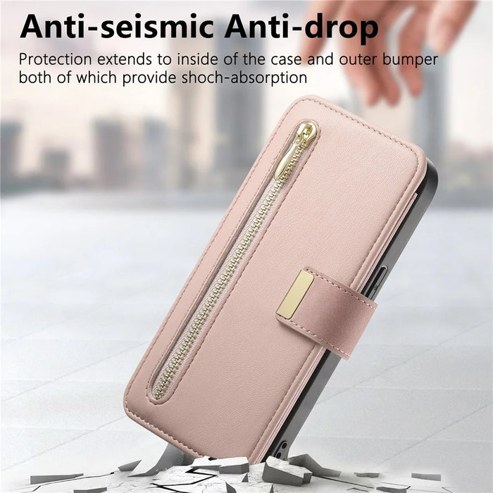 For iPhone 15 Magnetic Leather Case with Detachable RFID Blocking Zipper Wallet Cover - Pink - 7