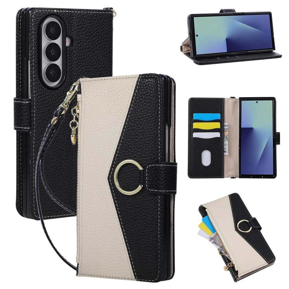 For Samsung Galaxy Z Fold7 5G Wallet Case Triangular Splicing Zipper Leather Flip Cover with Wrist Strap - Black - 1