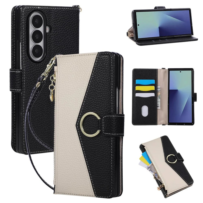 For Samsung Galaxy Z Fold7 5G Wallet Case Triangular Splicing Zipper Leather Flip Cover with Wrist Strap - Black - 1