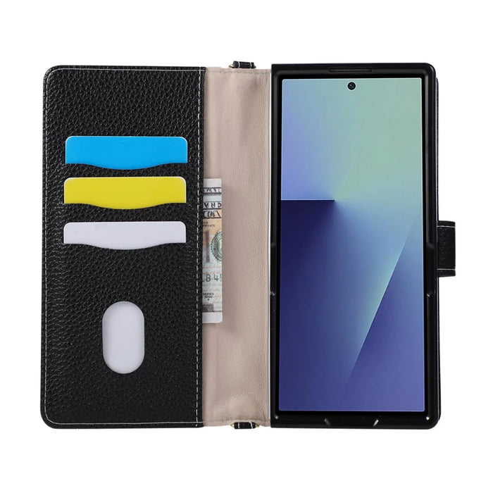 For Samsung Galaxy Z Fold7 5G Wallet Case Triangular Splicing Zipper Leather Flip Cover with Wrist Strap - Black - 2