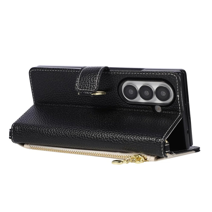 For Samsung Galaxy Z Fold7 5G Wallet Case Triangular Splicing Zipper Leather Flip Cover with Wrist Strap - Black - 4