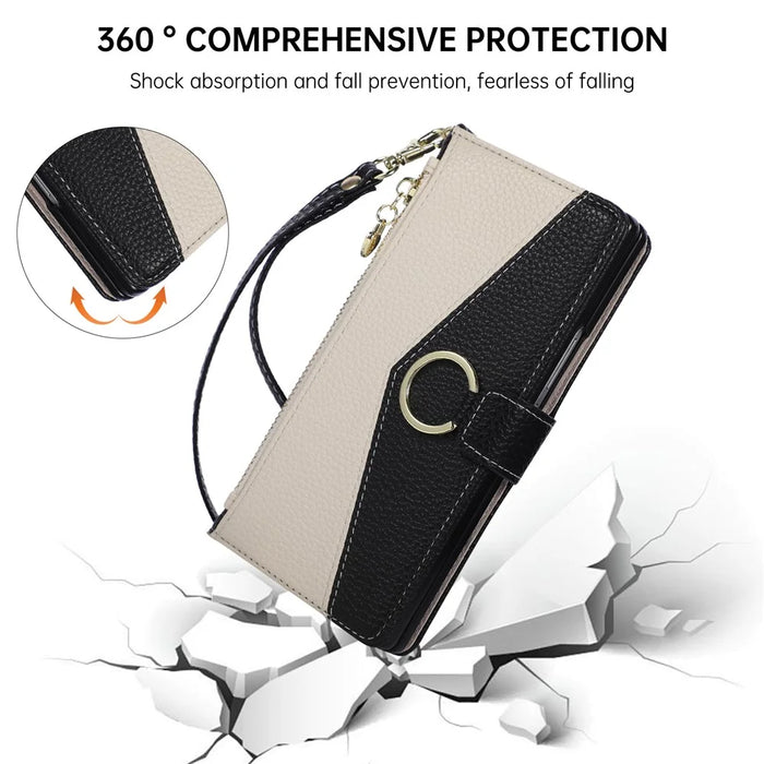 For Samsung Galaxy Z Fold7 5G Wallet Case Triangular Splicing Zipper Leather Flip Cover with Wrist Strap - Black - 6