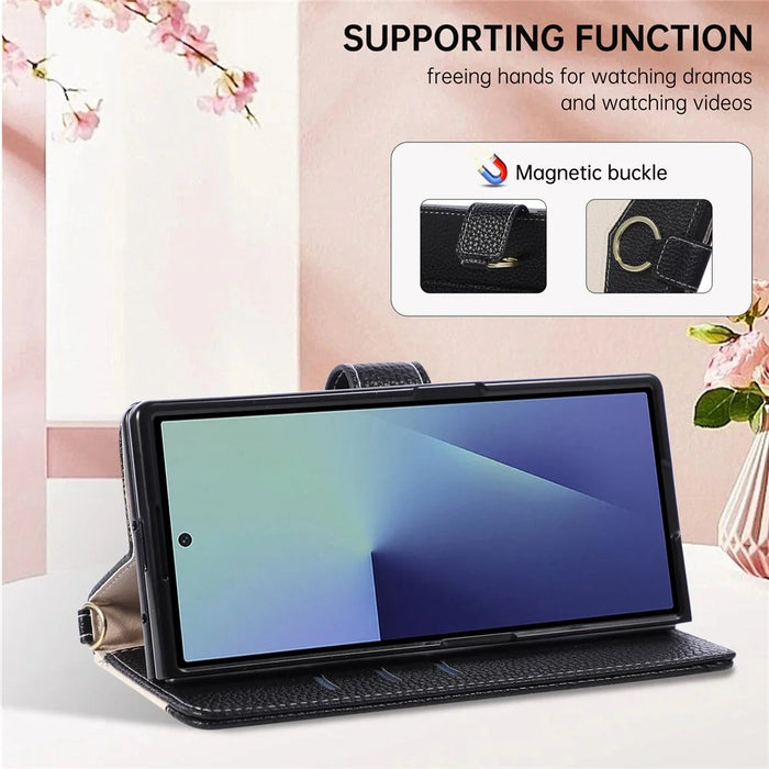 For Samsung Galaxy Z Fold7 5G Wallet Case Triangular Splicing Zipper Leather Flip Cover with Wrist Strap - Black - 7