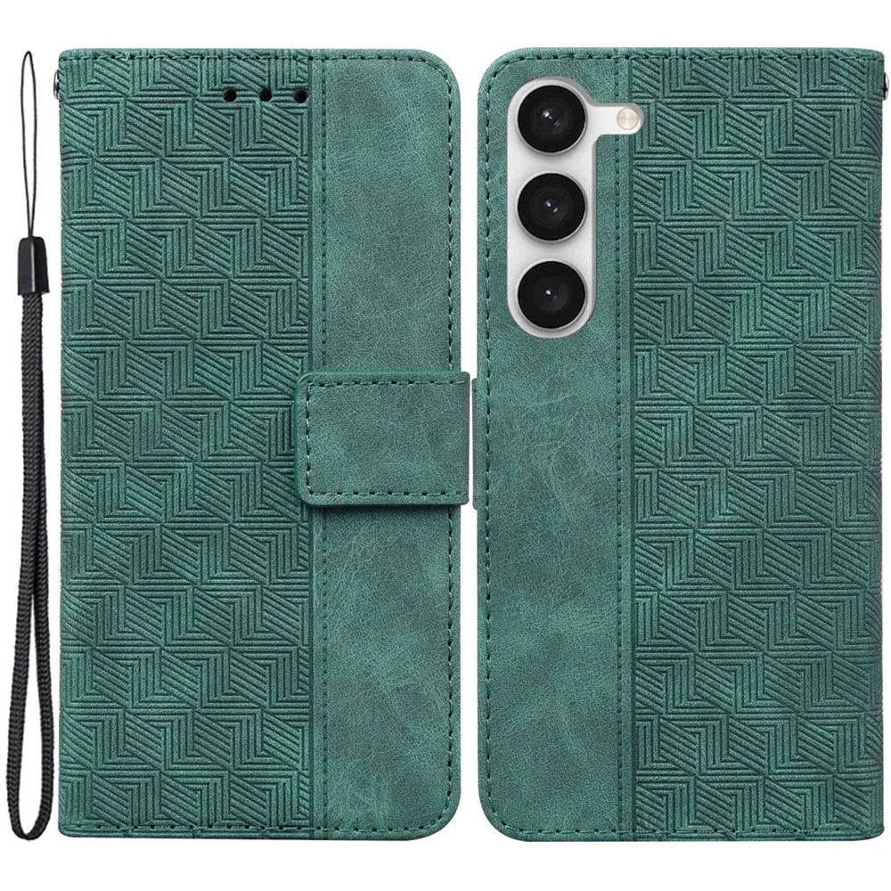 For Samsung Galaxy S23 Geometry Pattern Imprinted Phone Cover Wallet Stand PU Leather Magnetic Clasp Case with Strap - Green - 1