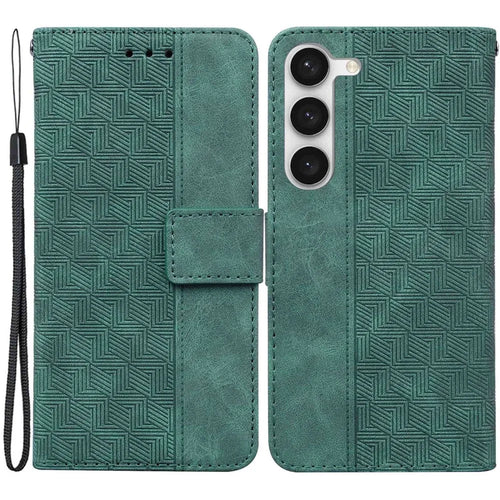 For Samsung Galaxy S23 Geometry Pattern Imprinted Phone Cover Wallet Stand PU Leather Magnetic Clasp Case with Strap - Green - 1