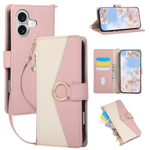 For iPhone 16 Wallet Case Triangular Splicing Zipper Leather Flip Cover with Wrist Strap - Pink - 1