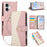 For iPhone 16 Wallet Case Triangular Splicing Zipper Leather Flip Cover with Wrist Strap - Pink - 1