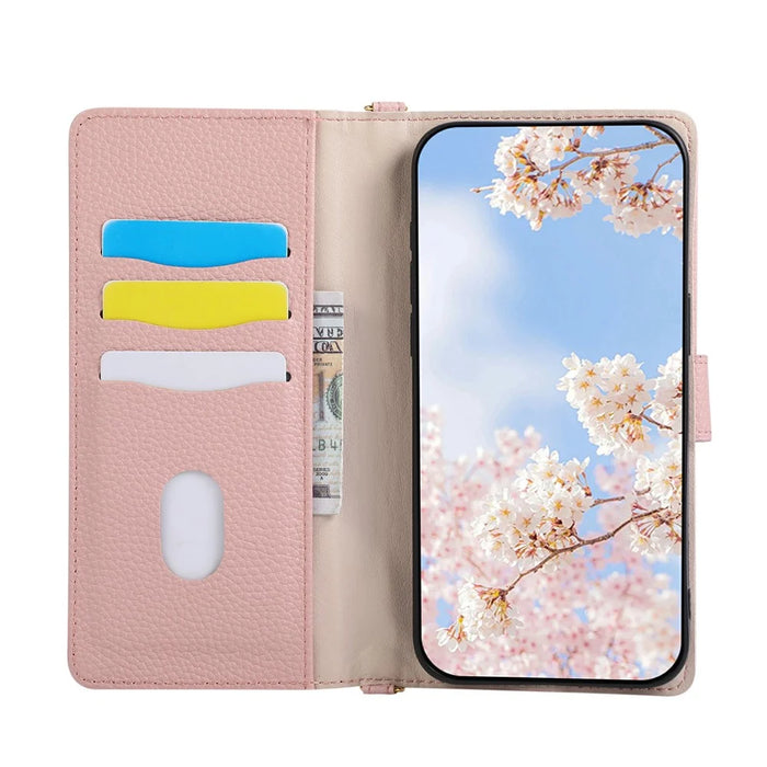 For iPhone 16 Wallet Case Triangular Splicing Zipper Leather Flip Cover with Wrist Strap - Pink - 2