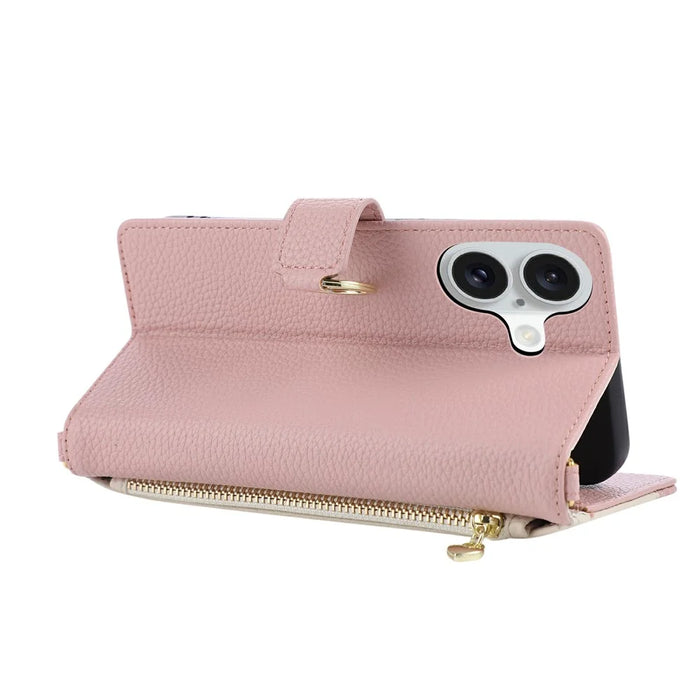 For iPhone 16 Wallet Case Triangular Splicing Zipper Leather Flip Cover with Wrist Strap - Pink - 4