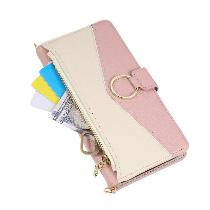 For iPhone 16 Wallet Case Triangular Splicing Zipper Leather Flip Cover with Wrist Strap - Pink - 5