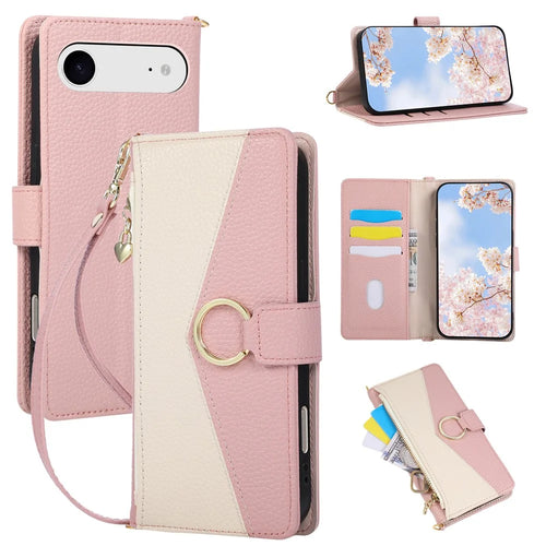 For iPhone Air Wallet Case Triangular Splicing Zipper Leather Flip Cover with Wrist Strap - Pink - 1