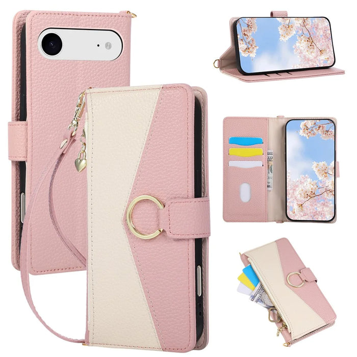 For iPhone Air Wallet Case Triangular Splicing Zipper Leather Flip Cover with Wrist Strap - Pink - 1