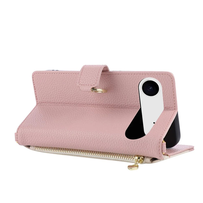For iPhone Air Wallet Case Triangular Splicing Zipper Leather Flip Cover with Wrist Strap - Pink - 2