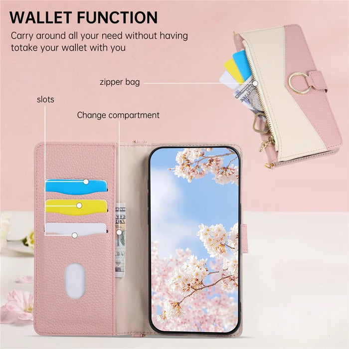 For iPhone Air Wallet Case Triangular Splicing Zipper Leather Flip Cover with Wrist Strap - Pink - 7