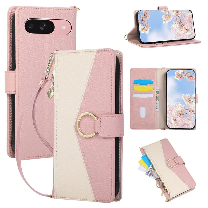 Wallet Case for Google Pixel 10 Pro / 10 / 9 Pro / 9 Triangular Splicing Zipper Leather Flip Cover with Wrist Strap - Pink - 1