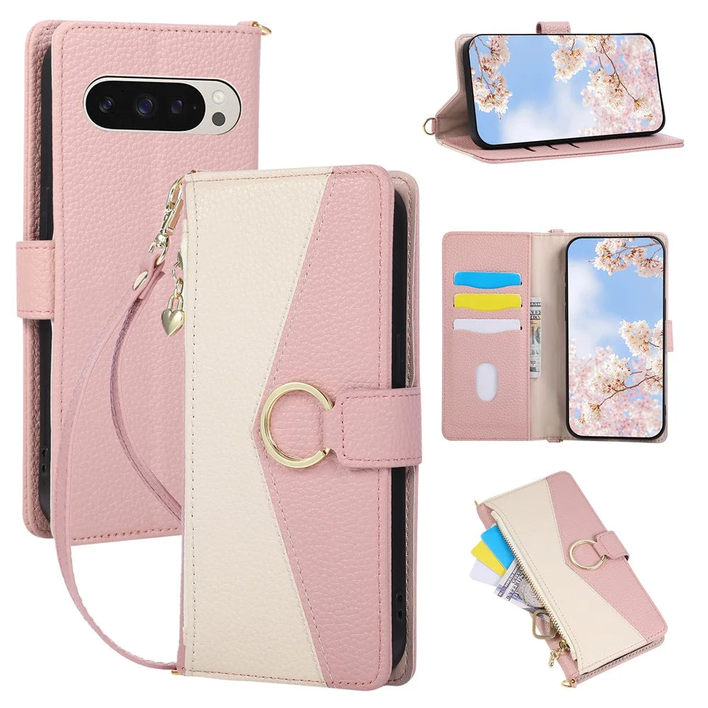 Wallet Case for Google Pixel 10 Pro XL  /  9 Pro XL Triangular Splicing Zipper Leather Flip Cover with Wrist Strap - Pink - 1