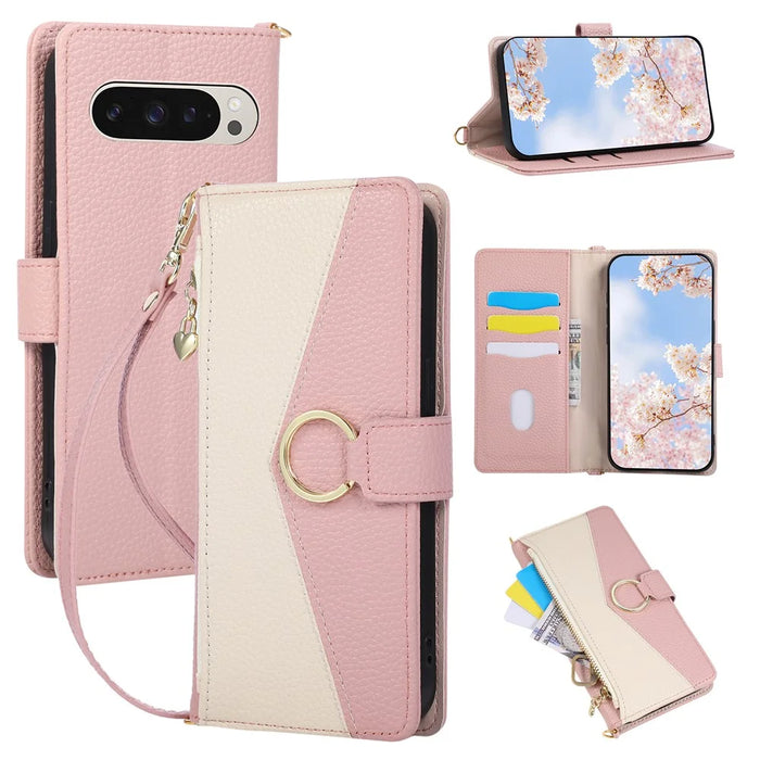 Wallet Case for Google Pixel 10 Pro XL  /  9 Pro XL Triangular Splicing Zipper Leather Flip Cover with Wrist Strap - Pink - 1