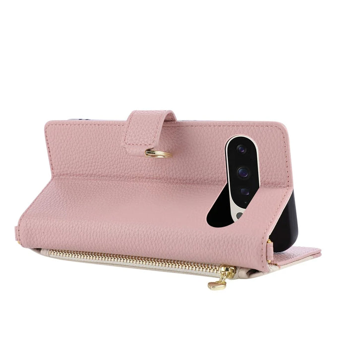 Wallet Case for Google Pixel 10 Pro XL  /  9 Pro XL Triangular Splicing Zipper Leather Flip Cover with Wrist Strap - Pink - 2