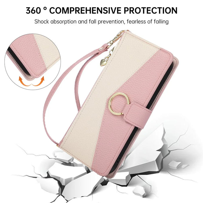 For Google Pixel 9a Triangular Splicing Zipper Leather Flip Cover with Wrist Strap - Pink - 5