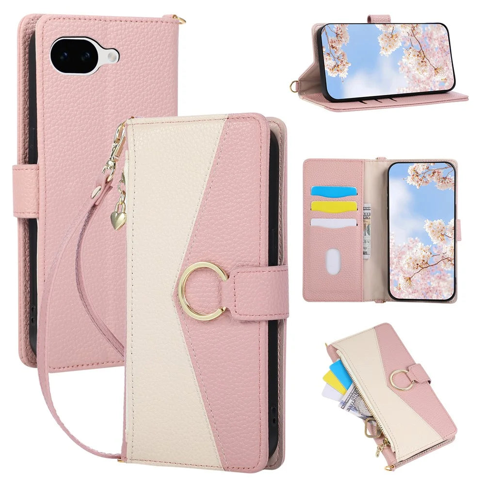 For Google Pixel 10a Triangular Splicing Zipper Leather Flip Cover with Wrist Strap - Pink - 1