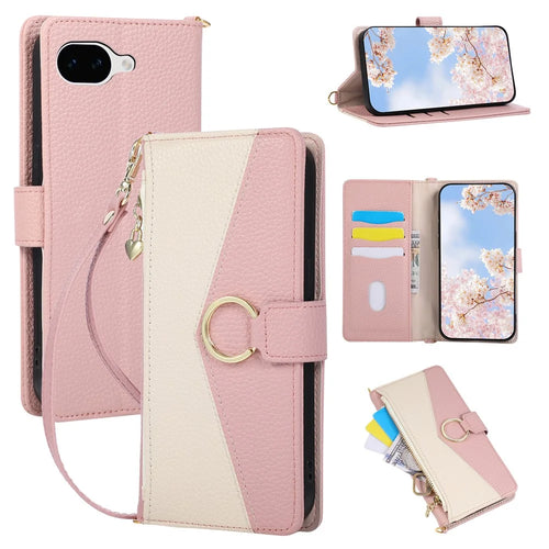 For Google Pixel 10a Triangular Splicing Zipper Leather Flip Cover with Wrist Strap - Pink - 1