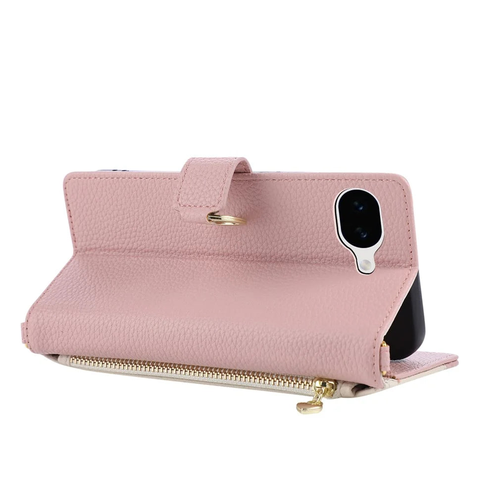 For Google Pixel 10a Triangular Splicing Zipper Leather Flip Cover with Wrist Strap - Pink - 2