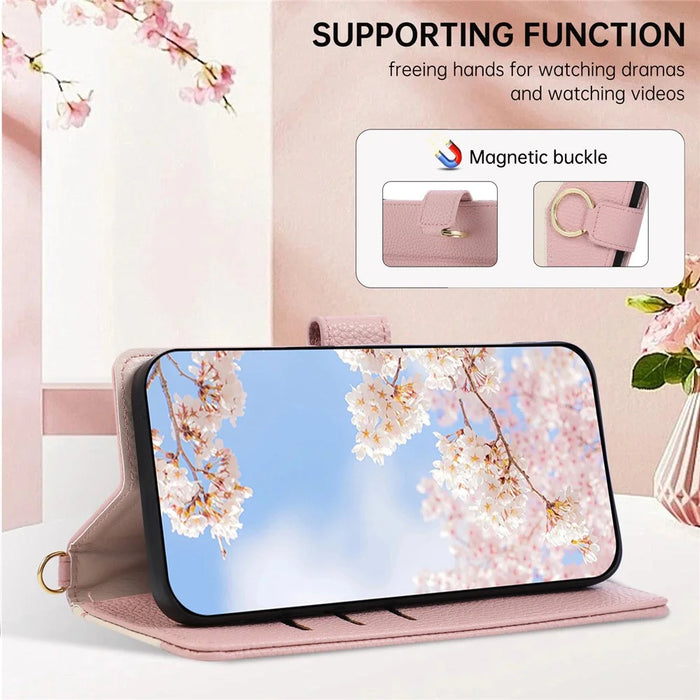 For Realme 14 Pro 5G Wallet Case Triangular Splicing Zipper Leather Flip Cover with Wrist Strap - Pink - 6