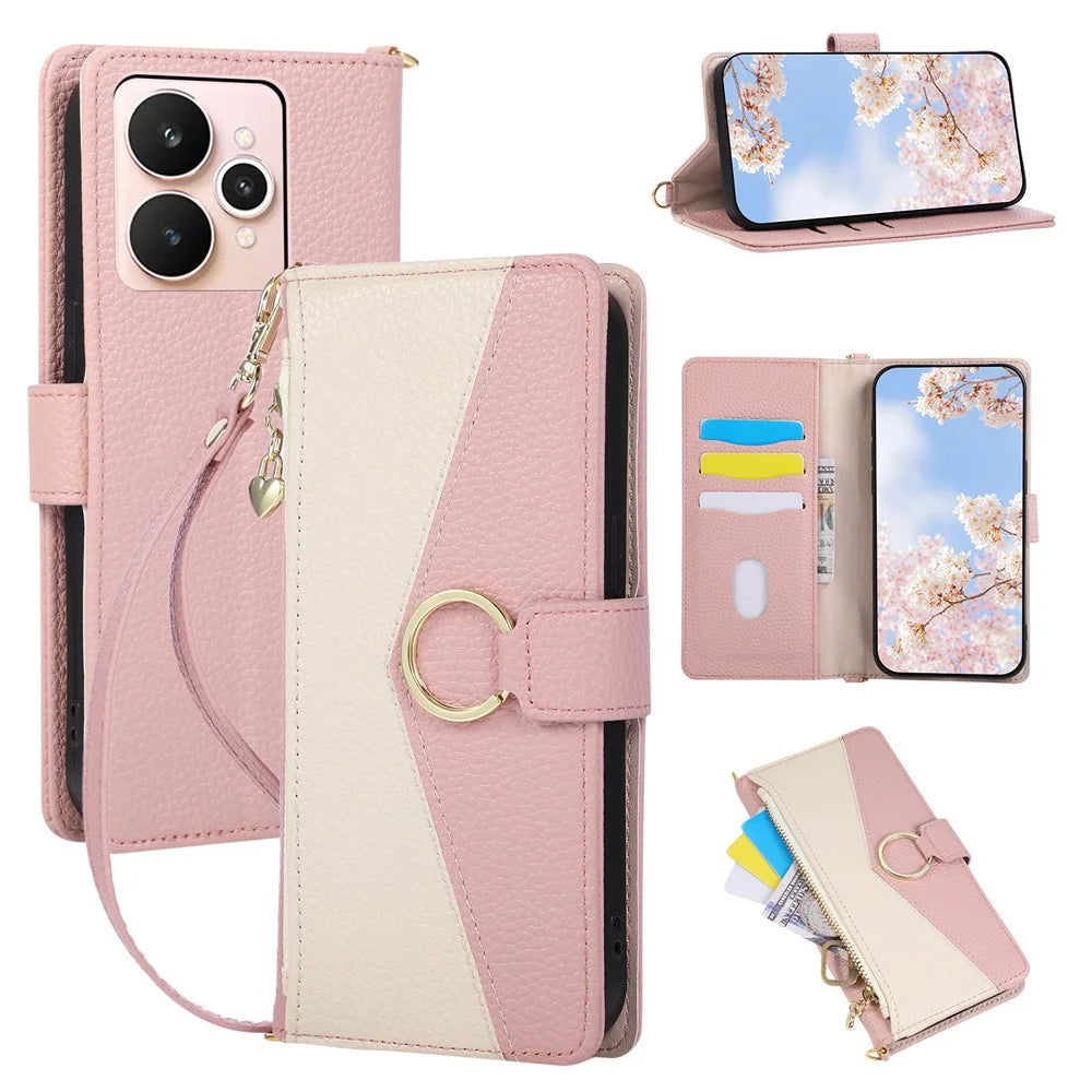 For Realme 15 5G Wallet Case Triangular Splicing Zipper Leather Flip Cover with Wrist Strap - Pink - 1