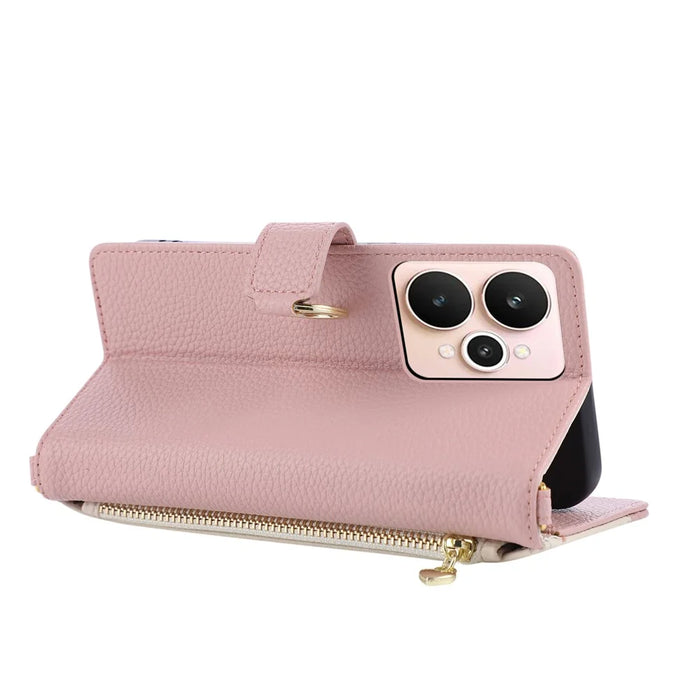 For Realme 15 5G Wallet Case Triangular Splicing Zipper Leather Flip Cover with Wrist Strap - Pink - 2