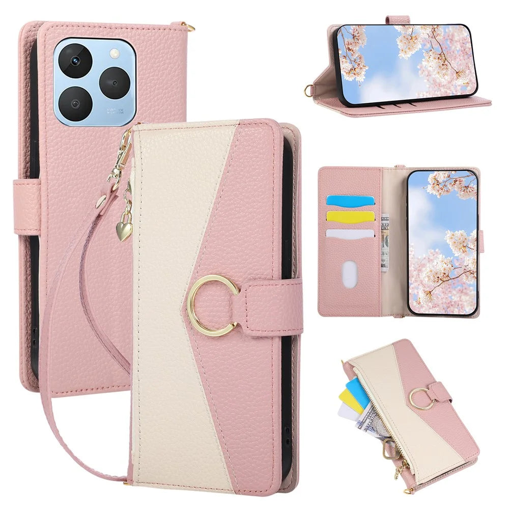 For Realme 15T 5G Wallet Case Triangular Splicing Zipper Leather Flip Cover with Wrist Strap - Pink - 1