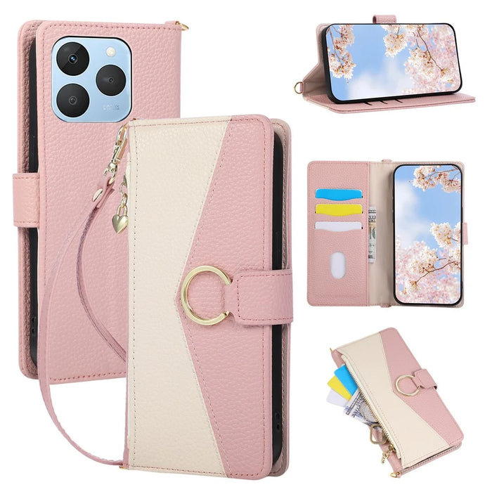 For Realme 15T 5G Wallet Case Triangular Splicing Zipper Leather Flip Cover with Wrist Strap - Pink - 1