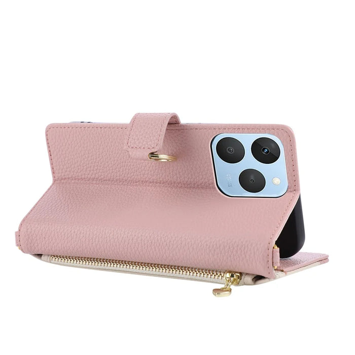 For Realme 15T 5G Wallet Case Triangular Splicing Zipper Leather Flip Cover with Wrist Strap - Pink - 2
