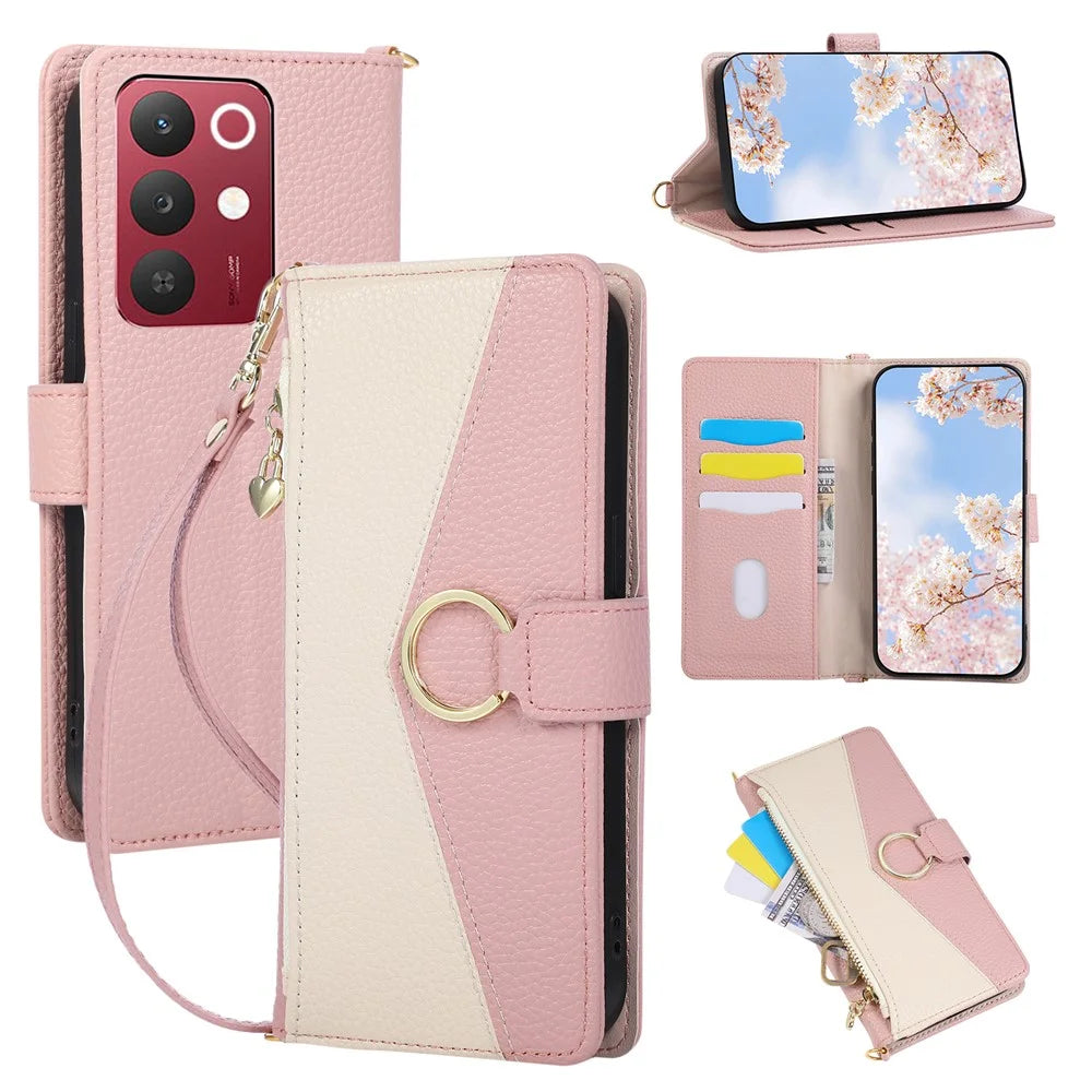 For Realme 15x (India) 5G Wallet Case Triangular Splicing Zipper Leather Flip Cover with Wrist Strap - Pink - 1